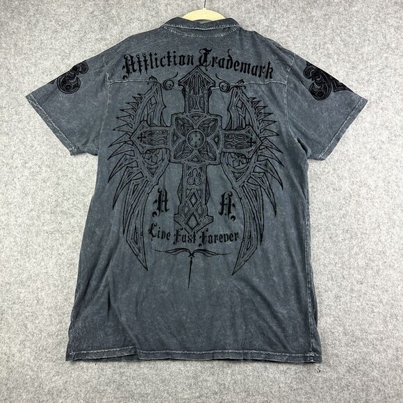Affliction Distressed Polo Shirt Mens XL Gray Distressed Cross Wings Graphic* - Picture 1 of 15